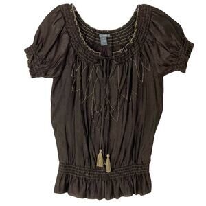 NWOT ISABELLA RODRIGUEZ Top S Brown Satin Beaded Embroidery Off/On-Shoulder Bow